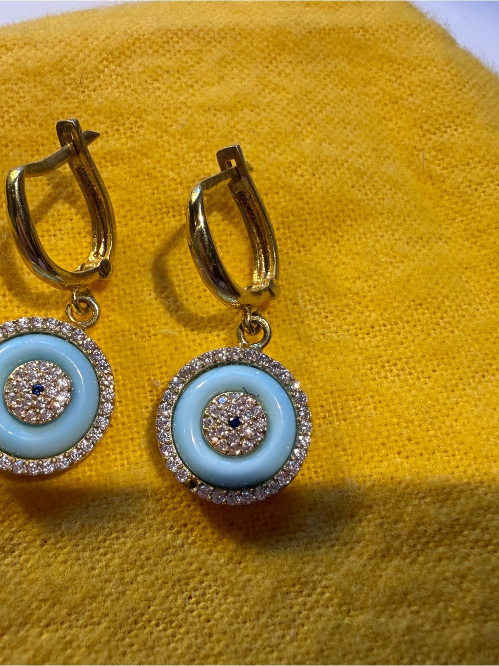 Gold-plated Blue Enamel and Crystal Halo Drop Earrings